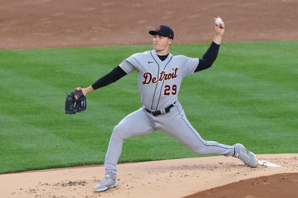Tigers pitcher Tarik Skubal delivers a pitch during the first inning at Yankee Stadium on Friday, April 30, 2021.