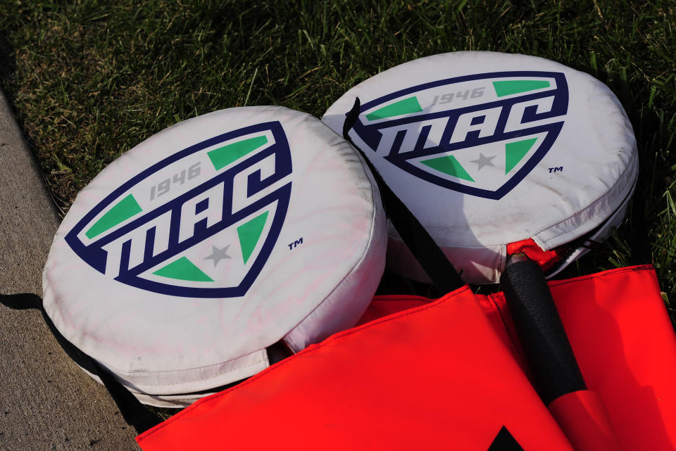 MUNCIE, IN - AUGUST 30: Mid-American Conference logos are seen on the top of the sideline signal poles before the start of the college football game between the Central Connecticut State University Blue Devils and the Ball State Cardinals on August 30, 2018, at Scheumann Stadium in Muncie, Indiana. (Photo by Michael Allio/Icon Sportswire via Getty Images)