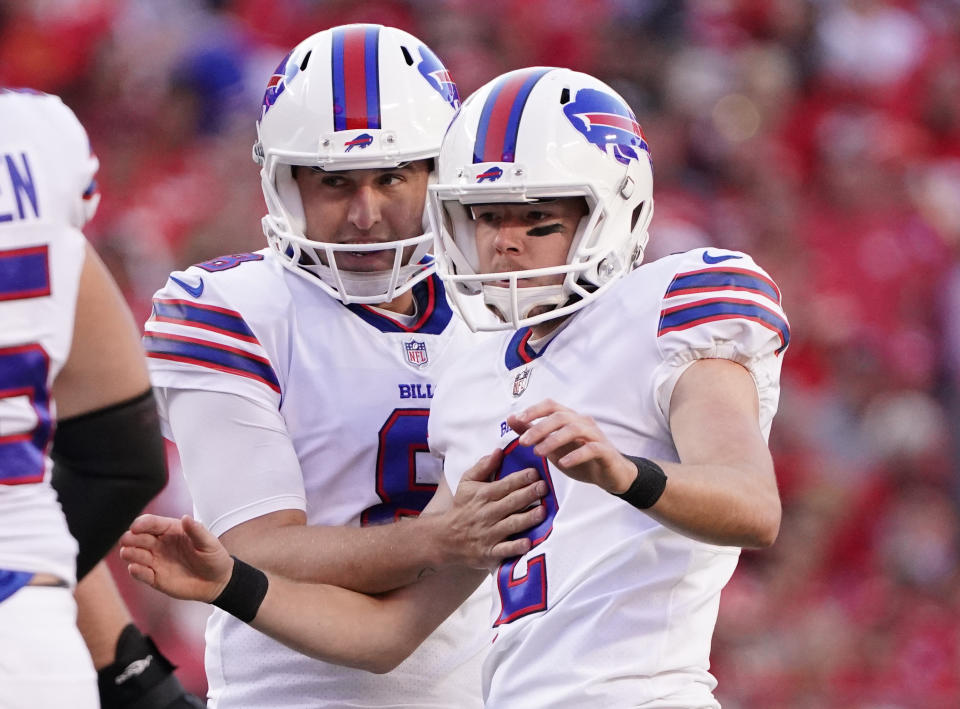 Bills place kicker <a class="link " href="https://sports.yahoo.com/nfl/players/32858" data-i13n="sec:content-canvas;subsec:anchor_text;elm:context_link" data-ylk="slk:Tyler Bass;sec:content-canvas;subsec:anchor_text;elm:context_link;itc:0">Tyler Bass</a> (2) celebrates with punter Sam Martin (8) Credit: Denny Medley-USA TODAY Sports