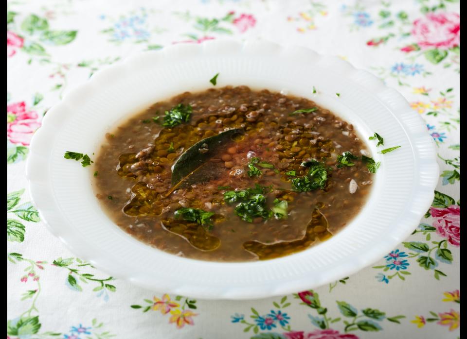 <strong>Get the <a href="http://www.huffingtonpost.com/2011/10/27/garlicky-lentil-soup-with_n_1057206.html" target="_hplink">Garlicky Lentil Soup with Vinegar and Olive Oil recipe</a></strong>