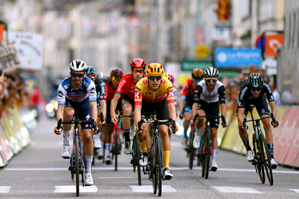 SALINSLESBAINS  JUNE 08 LR Julian Alaphilippe of France and Team Soudal  Quick Step Clment Champoussin of France and Team Arka Samsic Tobias Halland Johannessen of Norway and UnoX Pro Cycling Team and Max Poole of The United Kingdom and Team DSM cross the finish line during the 75th Criterium du Dauphine 2023 Stage 5 a 1911km stage from CormoranchesurSane to SalinslesBains  UCIWT  on June 08 2023 in SalinslesBains France Photo by Dario BelingheriGetty Images