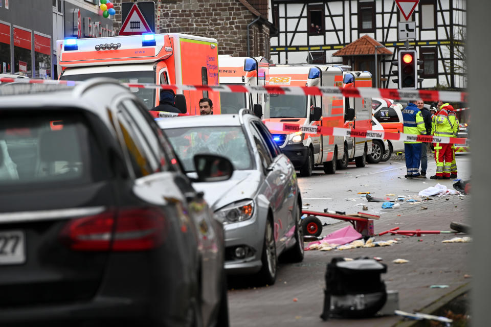 24 February 2020, Hessen, Volkmarsen: The scene of the accident in Volkmarsen with the car that is said to have crashed into a carnival parade. According to initial reports, several people have been injured, according to the police. The driver had been arrested and the police were on the scene with a large contingent. Photo: Uwe Zucchi/dpa (Photo by Uwe Zucchi/picture alliance via Getty Images)