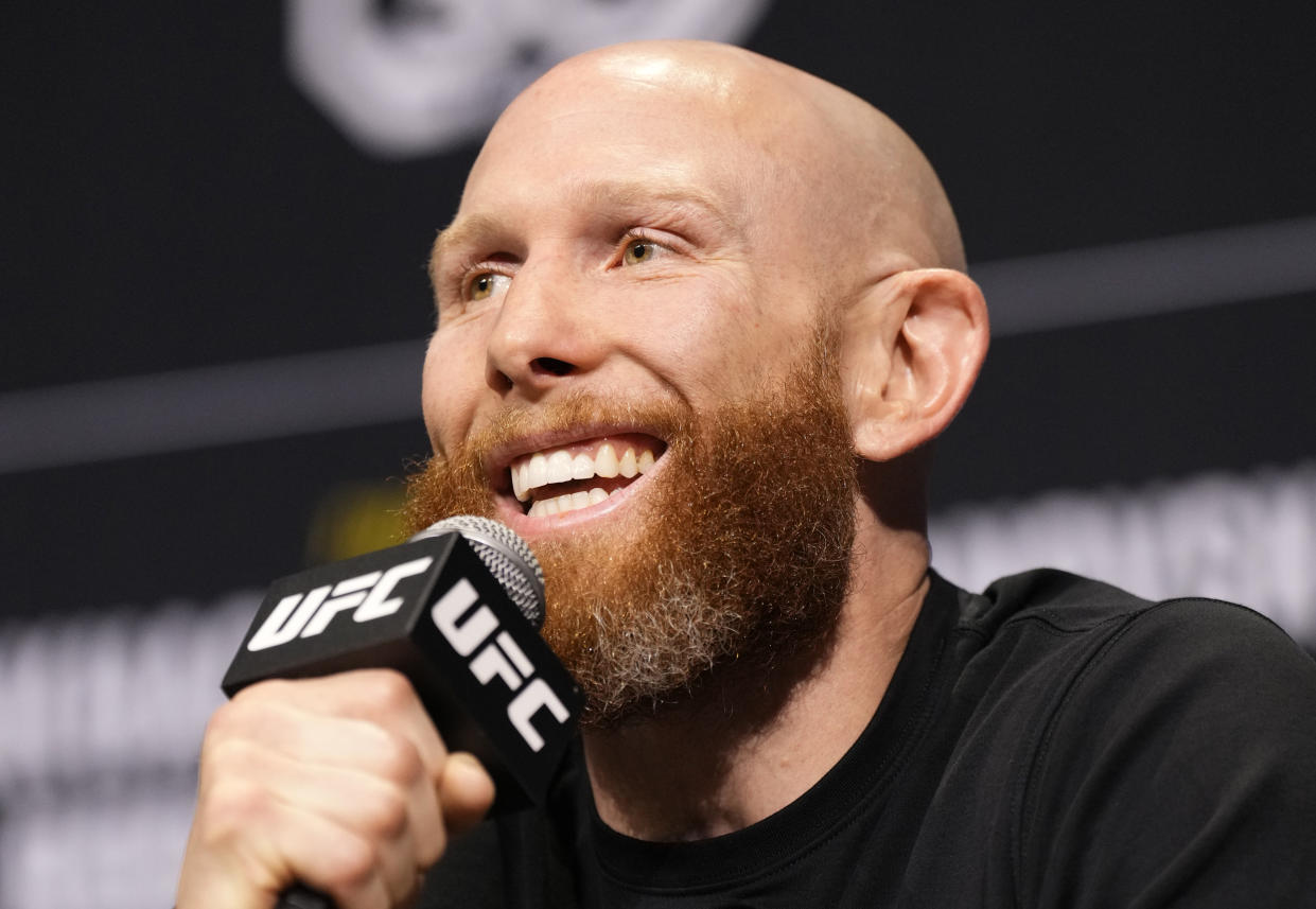 PERTH, AUSTRALIA - FEBRUARY 10: Josh Emmett is seen on stage during the UFC 284 press conference at RAC Arena on February 10, 2023 in Perth, Australia. (Photo by Mike Roach/Zuffa LLC via Getty Images)