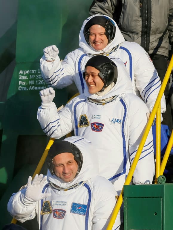 On board the Soyuz MS-07 are NASA astronaut Scott Tingle (top), Anton Shkaplerov of the Russian space agency Roscosmos (bottom) and Norishige Kanai of the Japan Aerospace Exploration Agency