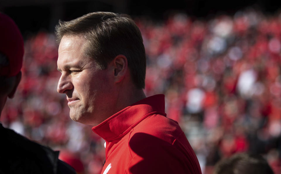 FILE - Nebraska Athletic Director Trev Alberts stands on the sideline before the team plays against Ohio State plays in an NCAA college football game, Nov. 6, 2021, at Memorial Stadium in Lincoln, Neb. Nebraska women's basketball coach Amy Williams and former Nebraska athletic director Trev Alberts said in their joint response to Ashley Scoggin's civil lawsuit, that they had no knowledge of the sexual relationship Scoggin alleged to have with former assistant coach Chuck Love. (AP Photo/Rebecca S. Gratz, file)