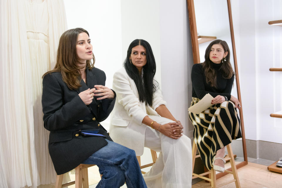 Lauren Singer, Samina Virk and Erin Allweiss discuss Vestiaire Collective's fast fashion ban on a panel in Chloé's Soho store. 