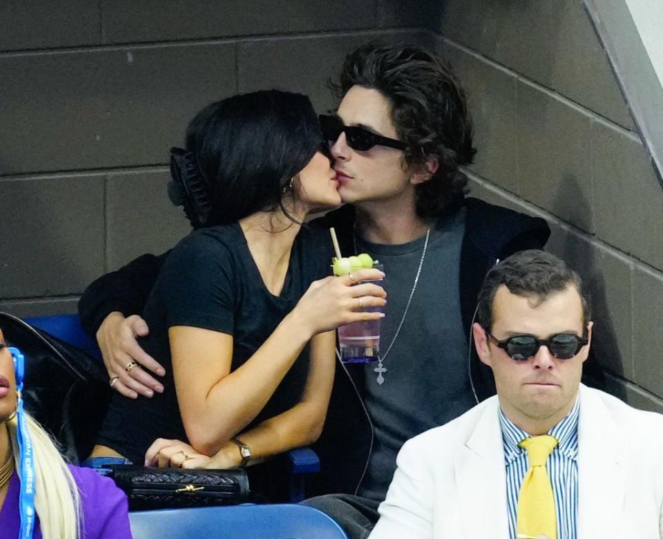 new york, new york september 10 kylie jenner and timothée chalamet are seen at the final game with novak djokovic vs daniil medvedev at the 2023 us open tennis championships on september 10, 2023 in new york city photo by gothamgc images