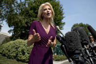 Counselor to the President Kellyanne Conway speaks to members of the media outside of the West Wing on the North Lawn of the White House in Washington, Wednesday, Aug. 7, 2019. (AP Photo/Andrew Harnik)
