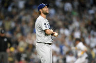 Los Angeles Dodgers starting pitcher Clayton Kershaw (22) looks up after giving up a two-run home run to San Diego Padres' Jake Cronenworth (9) during the first inning of a baseball game against San Diego Padres Tuesday, June 22, 2021, in San Diego. (AP Photo/Denis Poroy)