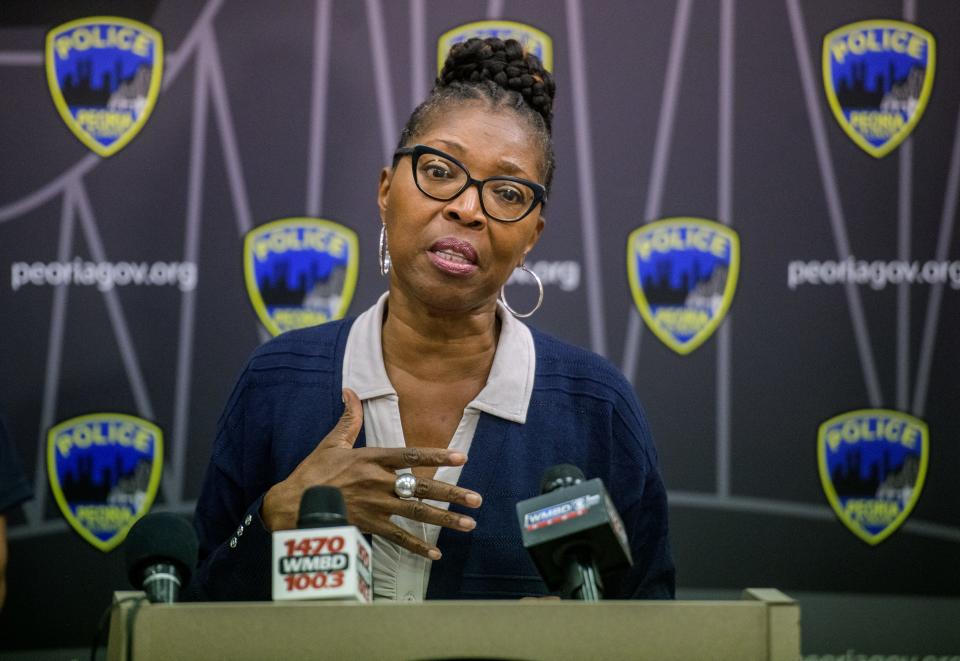 Peoria 1st District City Council member Denise Jackson urges residents to speak up if they know anything about the recent surge in gun violence in Peoria during a news conference Thursday, Aug. 31, 2023, at the Peoria Police Department headquarters.