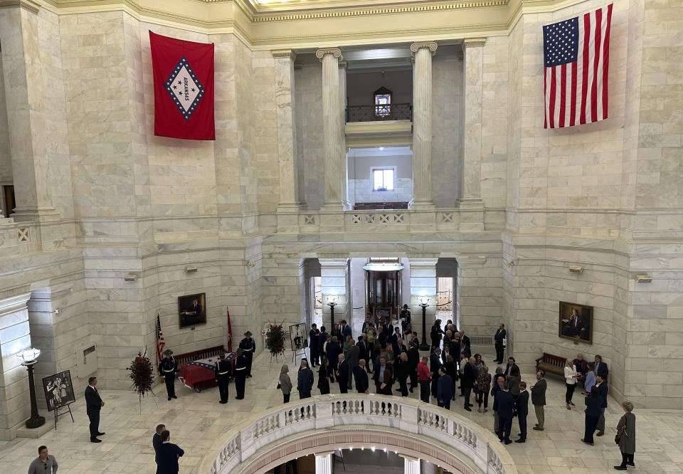 Family, friends, and other mourners of the late former governor and U.S. Sen. David Pryor gather in the rotunda at the Arkansas state Capitol on Friday, April 26, 2024. Pryor died on April 20, 2024 at the age of 89 and his casket lay in state at the Capitol on Friday. A funeral was planned Saturday, April 27, 2024 in Little Rock. (AP Photo/Andrew DeMillo)