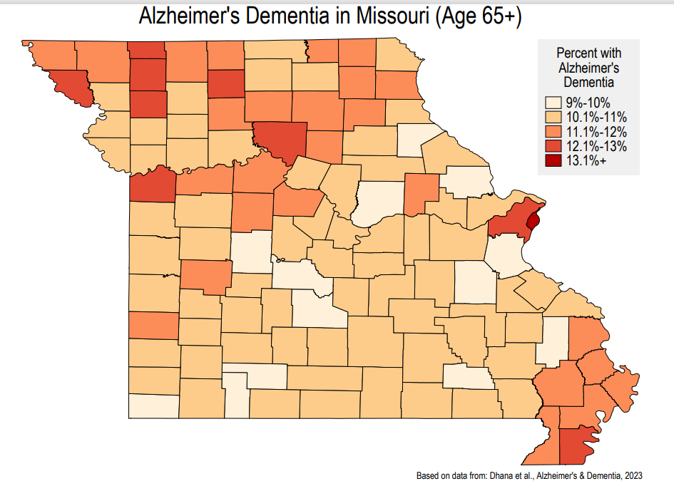 This image provided by the Greater Missouri Alzheimer's Association shows the estimated prevalence of Alzheimer's dementia among people 65 and older in Missouri.