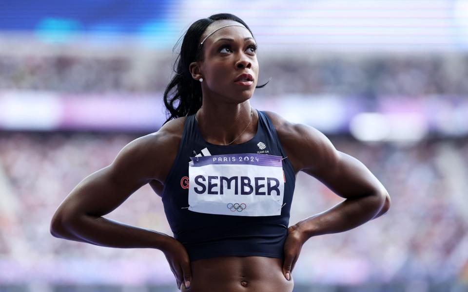 Cindy Sember of Team Great Britain looks on after competing in the Women's 100m Hurdles Round 1