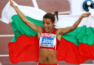 Ivet Lalova of Bulgaria celebrates winning the Women's 100 Metres Final during day two of the 21st European Athletics Championships at the Olympic Stadium on June 28, 2012 in Helsinki, Finland (Photo by Alexander Hassenstein/Bongarts/Getty Images)