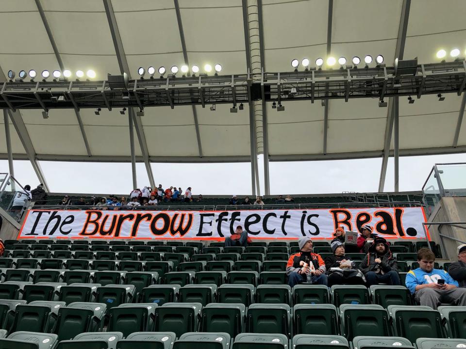 "The Burrow Effect is Real" reads the banner Jeff "Bengal Boy" Wagner hung in Paul Brown Stadium.