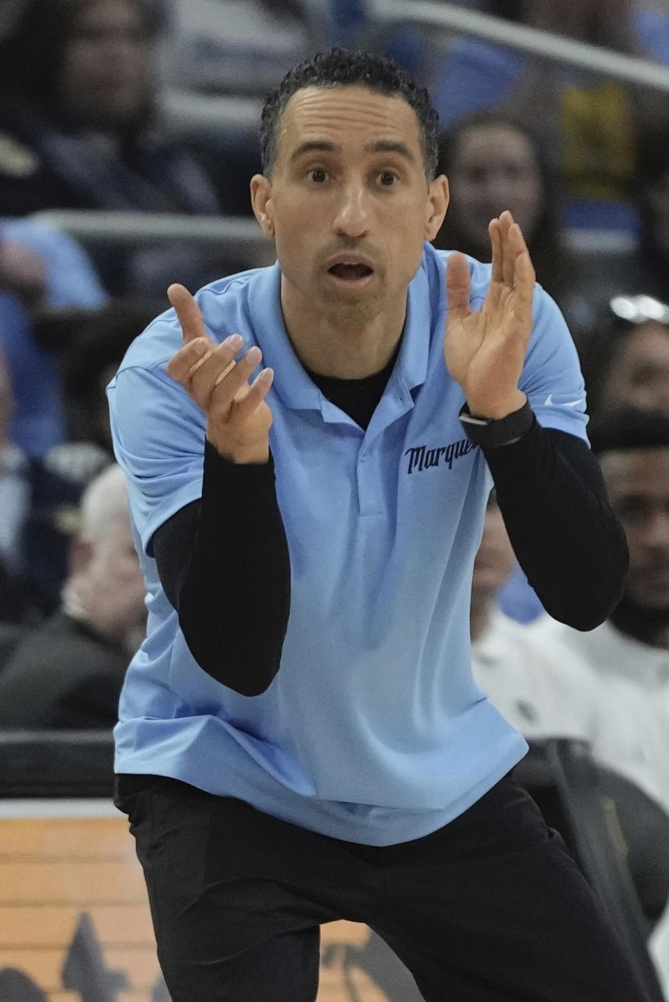 Marquette head coach Shaka Smart reacts during the first half of an NCAA college basketball game Saturday, March 4, 2023, in Milwaukee. (AP Photo/Morry Gash)