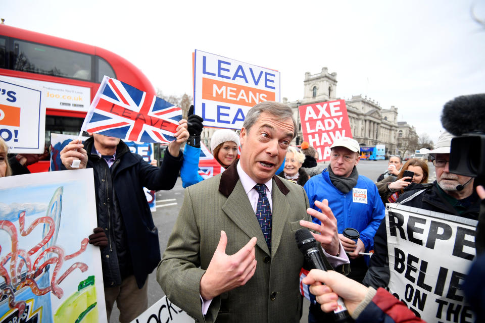 Former leader of UKIP Nigel Farage speaks to the media as Pro-Brexit and Anti-Brexit protesters demonstrate outside the Houses of Parliament in London, Britain, January 15, 2019. REUTERS/Toby Melville