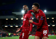 Georginio Wijnaldum and Trent Alexander-Arnold celebrate as Liverpool start to reel in Barcelona