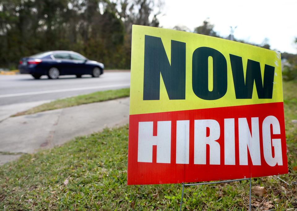 A Now Hiring sign along a main highway encouraged job seekers to apply. Job vacancies have increased by 0.2% in Louisiana since August 2021, which is in the top 10 for U.S. states.