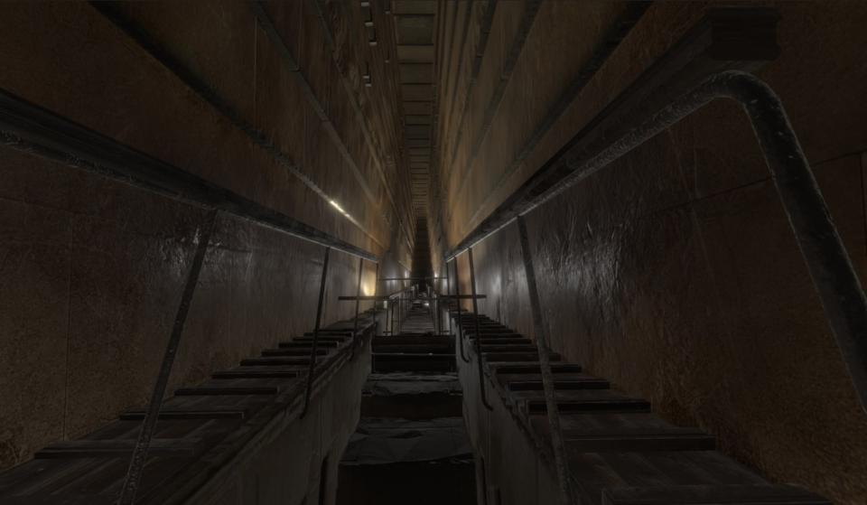 Scientists with ScanPyramids found what seems to be a large void right above the granite-walled Grand Gallery (shown here) in the Great Pyramid. <cite>ScanPyramids mission</cite>