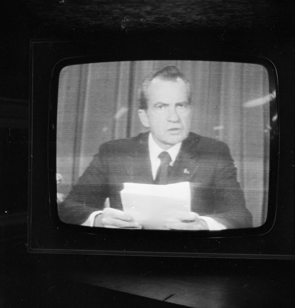 8th August 1974:  American president Richard Nixon (1913 - 1994) announces his resignation on national television, following the Watergate scandal.  (Photo by Pierre Manevy/Express/Getty Images)