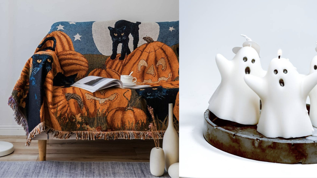 a vintage inspired halloween blanket and three little ghost candles