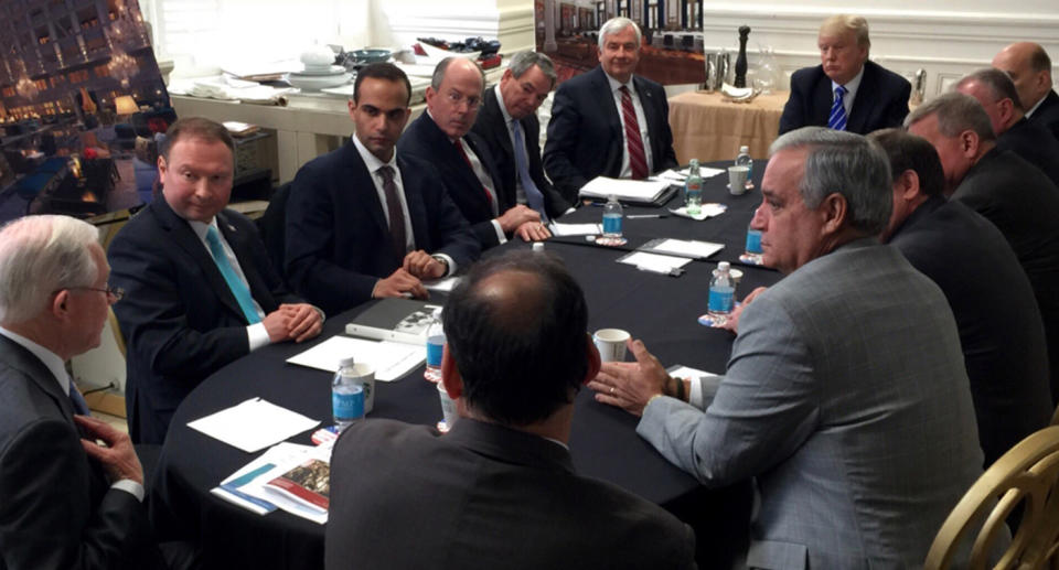 George Papadopoulos, third from left, at a strategy session presided over by then candidate Trump in March 2016. (Photo: Donald Trump’s Twitter account via AP)