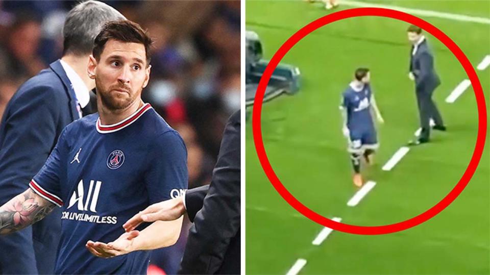 Lionel Messi (pictured left) gesturing at his coach and (pictured right refusing to shake the hand of his coach Mauricio Pochettino.