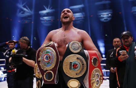 Tyson Fury celebrates winning the fight. Action Images via Reuters / Lee Smith Livepic