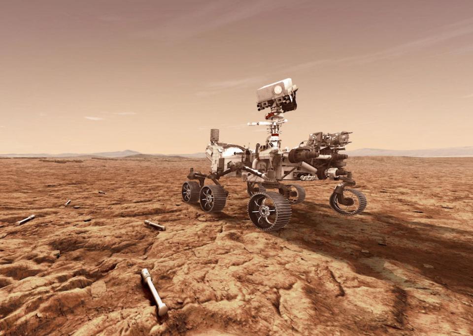 <p>En esta ilustración conceptual proporcionada por la NASA, el rover Perseverance (Mars 2020) de la NASA almacenará muestras de roca y suelo en tubos sellados en la superficie del planeta para futuras misiones para recuperar en el área conocida como cráter Jezero en el planeta Marte. Un objetivo clave de la misión de Perseverance en Marte es la astrobiología, incluida la búsqueda de signos de vida microbiana antigua. El rover caracterizará la geología del planeta y el clima pasado, allanando el camino para la exploración humana del Planeta Rojo, y será la primera misión en recolectar y almacenar rocas y regolitos marcianos. </p> (Ilustración fotográfica de la NASA a través de Getty Images)