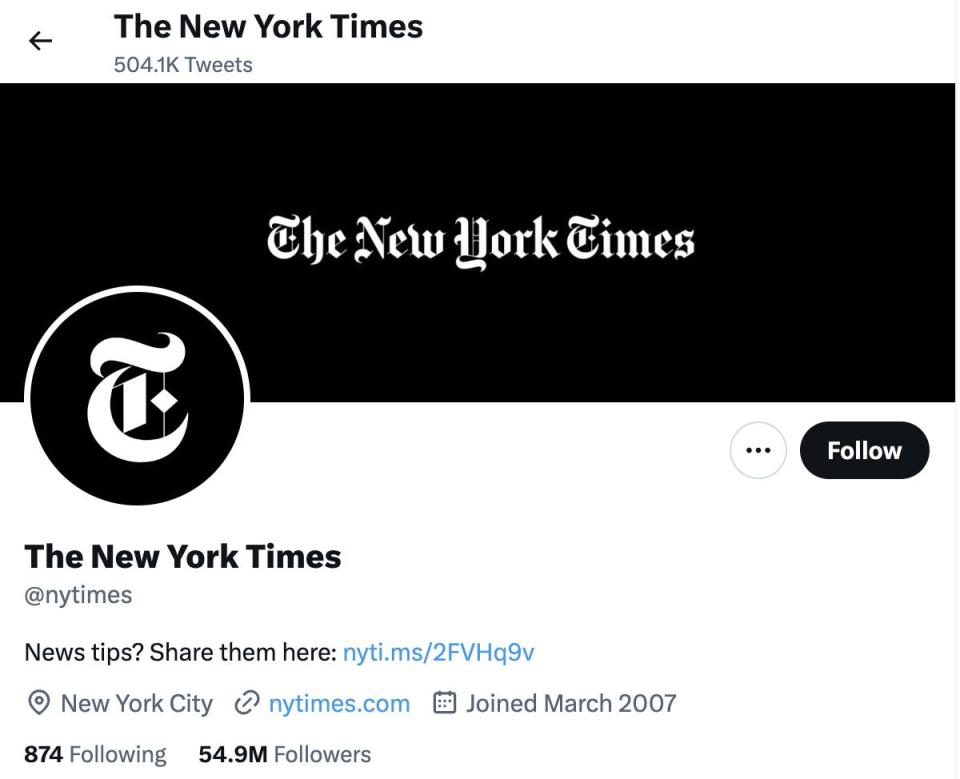 A screenshot of the New York Times Twitter profile, noticeably without its gold verification check.