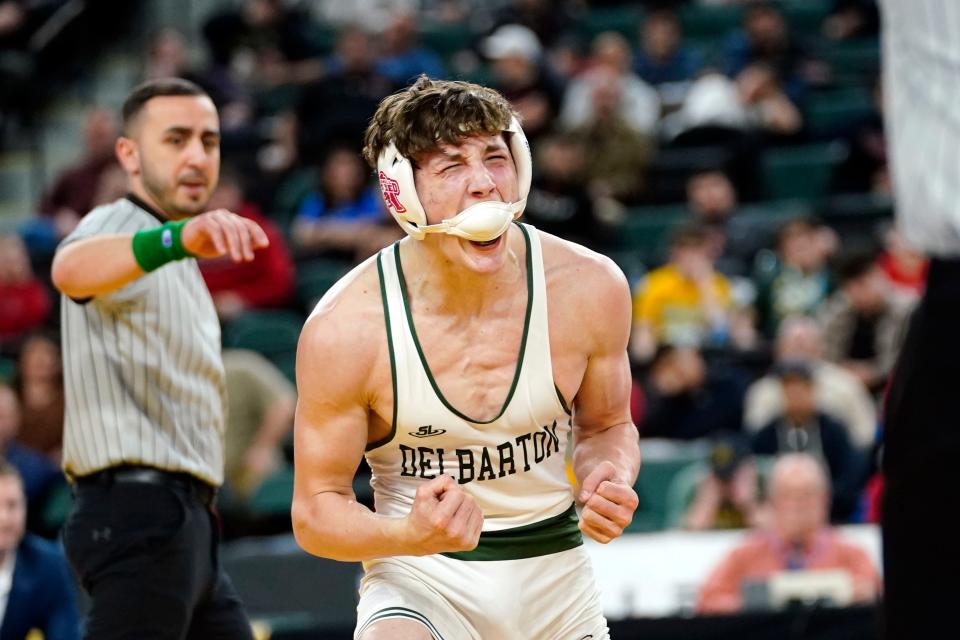 Simon Ruiz of Delbarton reacts to winning the 157-pound title on Day 3 of the NJSIAA state wrestling championships in Atlantic City on Thursday, March 5, 2022.