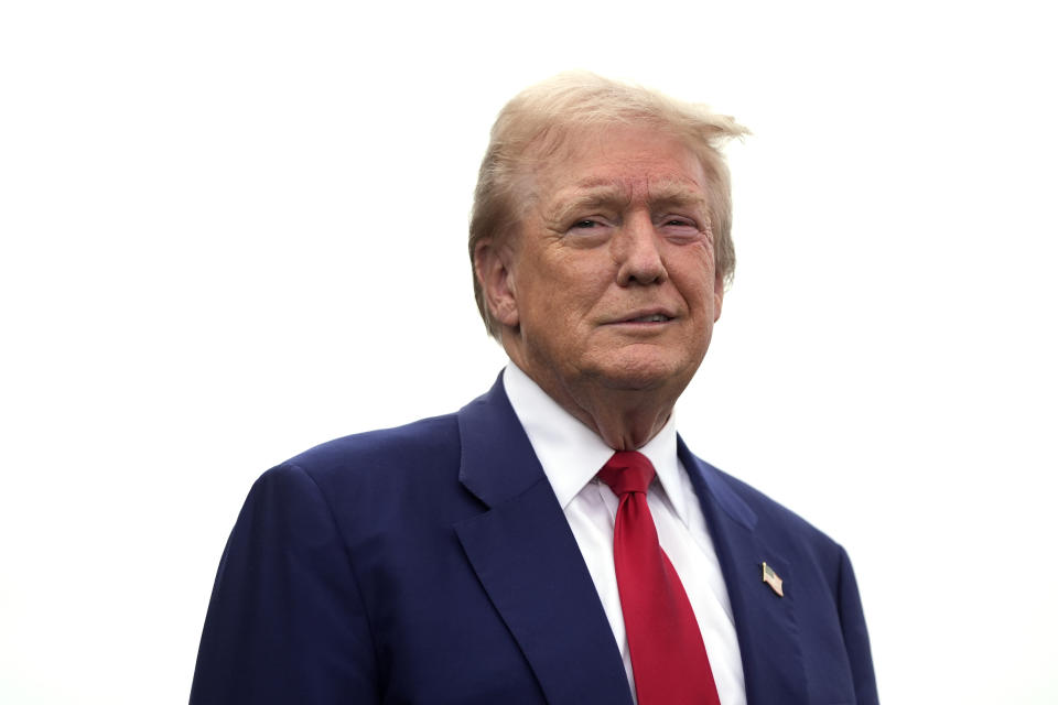 Republican presidential nominee former President Donald Trump arrives to speak during a news conference held at Trump National Golf Club Los Angeles in Rancho Palos Verdes, Calif., Friday, Sept. 13, 2024. (AP Photo/Jae C. Hong)