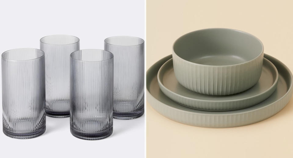 Big W's ribbed highball glasses (left) and ribbed plates (right).