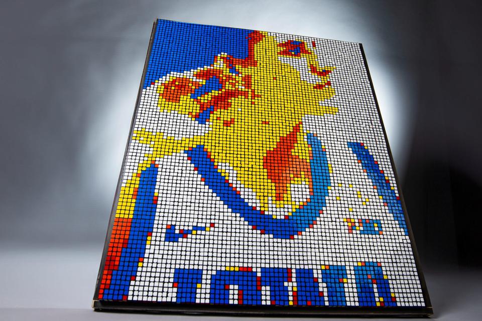 A portrait of Caitlin Clark, comprised of 720 Rubik's Cubes, is pictured at the University of Iowa College of Dentistry in Iowa City on Wednesday, April 3, 2024.