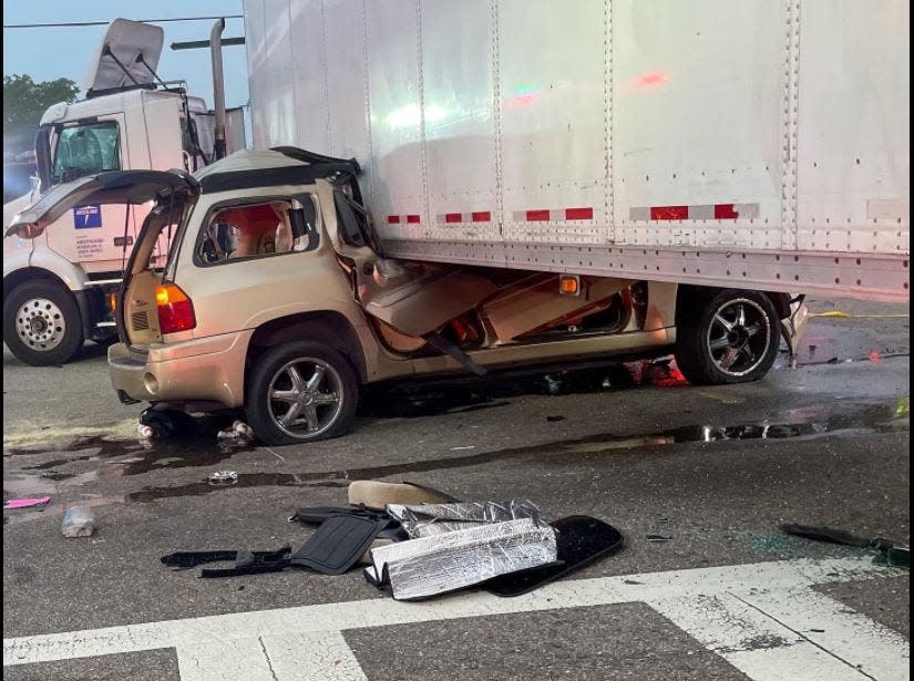 A morning crash Tuesday, Dec. 14, 2021,  in Fort Myers left an SUV wedged under a semi tractor trailer, sending one person to the hospital.