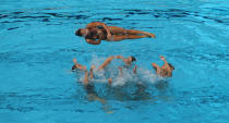 <p>Malaysia performs during the synchronised swimming team free event on 20 Aug. Singapore won gold in the event, Malaysia took the silver and Indonesia bronze. Photo: Hannah Teoh/Yahoo News Singapore </p>