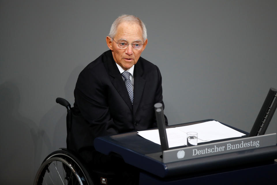 German Minister of Finance Wolfgang Schauble speaks before German President Frank-Walter Steinmeier's commemorative speech at Berlin's Reichstag to mark the 100th anniversary of the Weimarer Republic, in Berlin, Germany, November 9, 2018. REUTERS/Axel Schmidt