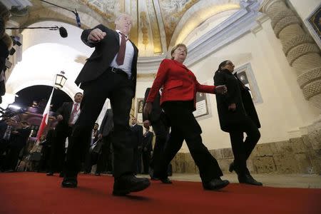 German Chancellor Angela Merkel leaves at the end of the European Union leaders summit in Valletta, Malta, February 3, 2017. REUTERS/Yves Herman