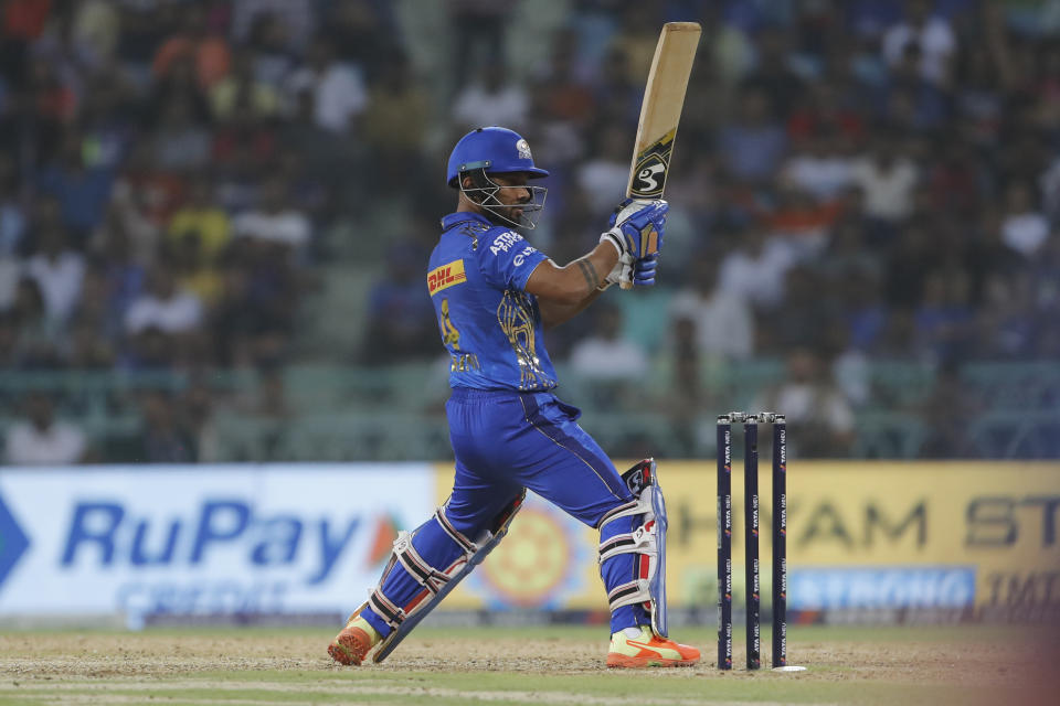 Vishnu Vinod of Mumbai Indians bats during the Indian Premier League cricket match between Lucknow super giants and Mumbai Indians in Lucknow, India, Tuesday, May 16, 2023. (AP Photo/Surjeet Yadav)