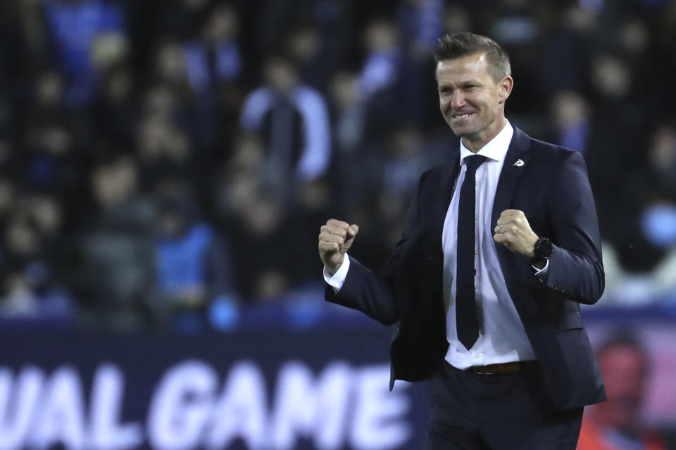 FILE - In this file photo dated Wednesday, Nov. 27, 2019, Salzburg soccer coach Jesse Marsch stands on the sidelines during a Champions League group E soccer match against Genk at the KRC Genk Arena in Genk, Belgium. Marsch led Salzburg to this season’s Austrian league title, the most significant trophy won by an American coach in Europe, and says he wanted "to see if my idea of leadership could thrive in this competitive setting,” the Wisconsin native told The Associated Press Friday July 3, 2020. (AP Photo/Francisco Seco, FILE)
