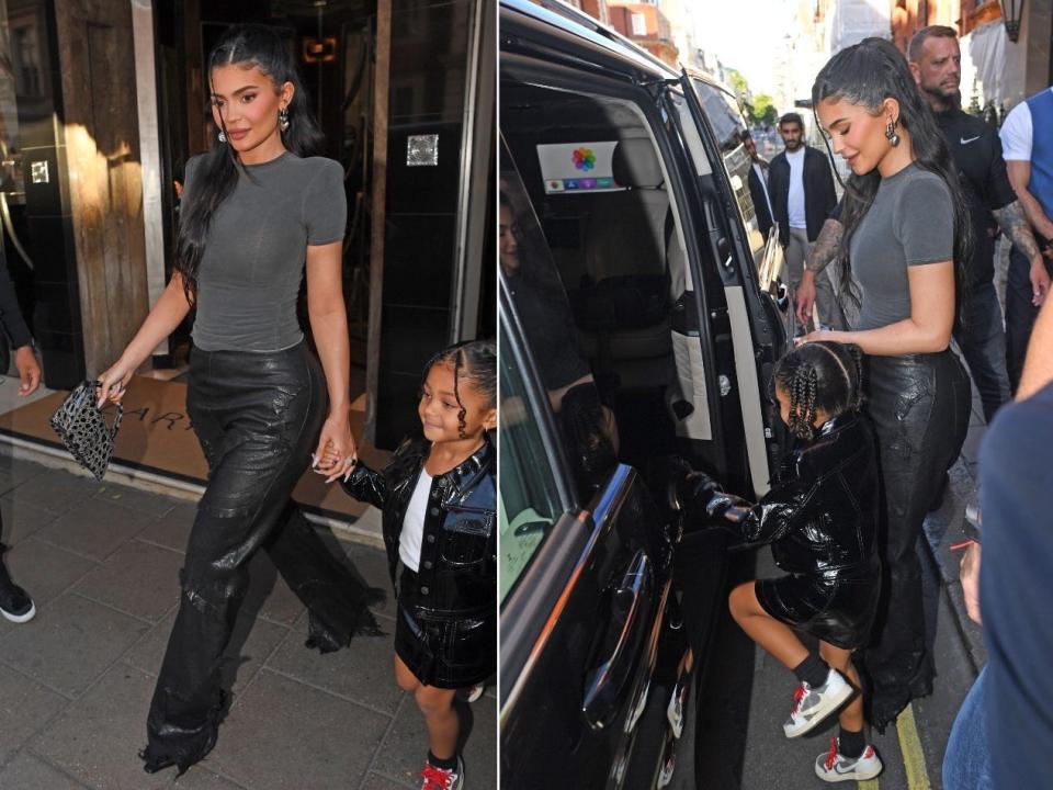 Jenner and Stormi hopping into a black cab on Sunday.