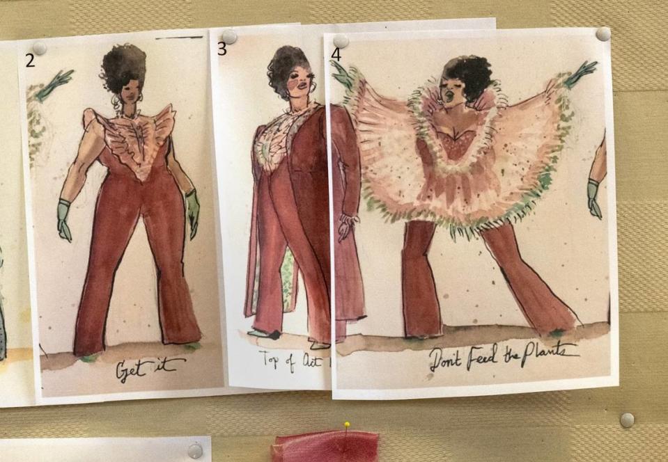 Costume designer Sully Ratke created sketches of the costumes she designed for Audrey II in the KC Rep’s production of “Little Shop of Horrors.” Copies of the sketches hang in the costume shop backstage at the Spencer Theatre as the garments were being made.