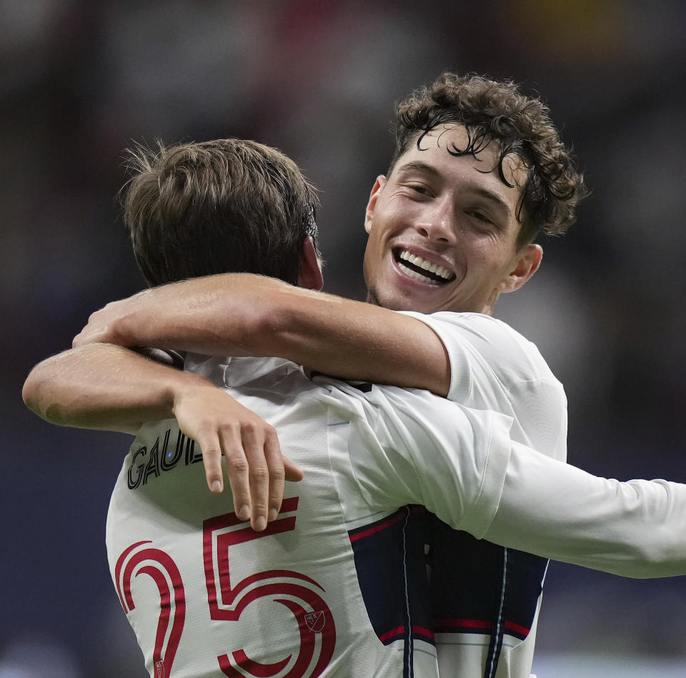 Vancouver Whitecaps' Sebastian Berhalter, right, celebrates his goal against St. Louis City with Ryan Gauld during the second half of an MLS soccer match Wednesday, Oct. 4, 2023, in Vancouver, British Columbia. (Darryl Dyck/The Canadian Press via AP)