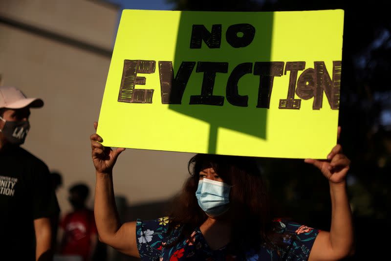 FILE PHOTO: Tenants and housing rights activists protest for a halting of rent payments and mortgage debt, during the coronavirus disease (COVID-19) outbreak, in Los Angeles