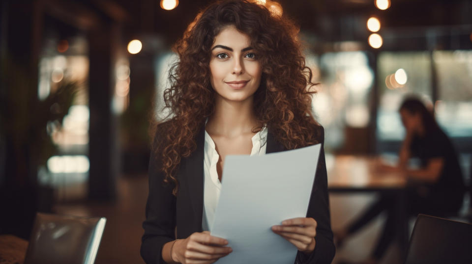 A successful entrepreneur holding a statement in her hands, looking at the camera with confidence and pride in her company’s success.