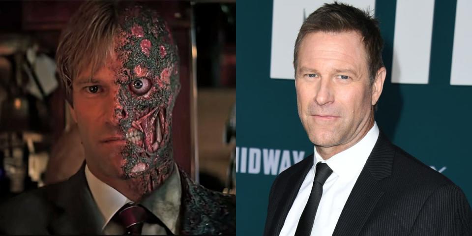 Aaron Eckhart as Harvey Dent/Two-Face in "The Dark Knight" and now.