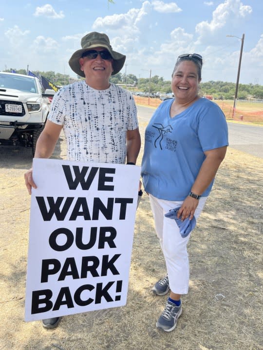 Amerika Garcia-Grewal, right, of the Eagle Pass Border Vigil Coalition, wants the border buoys removed. (Sandra Sanchez/Border Report File Photo)