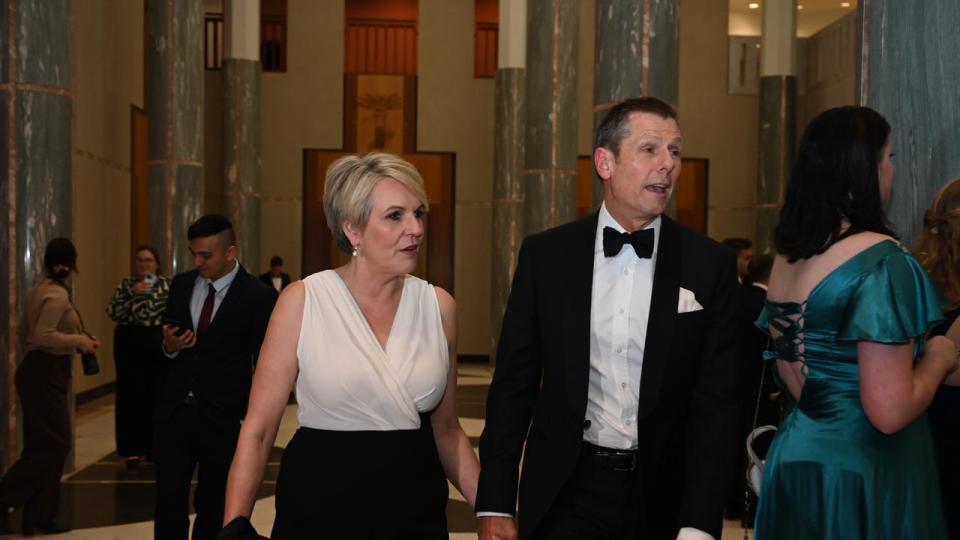 Tanya Plibersek MP looks elegant in a black and white dress alongside husband Michael Coutts-Trotter. Picture: NewsWire/Martin Ollman