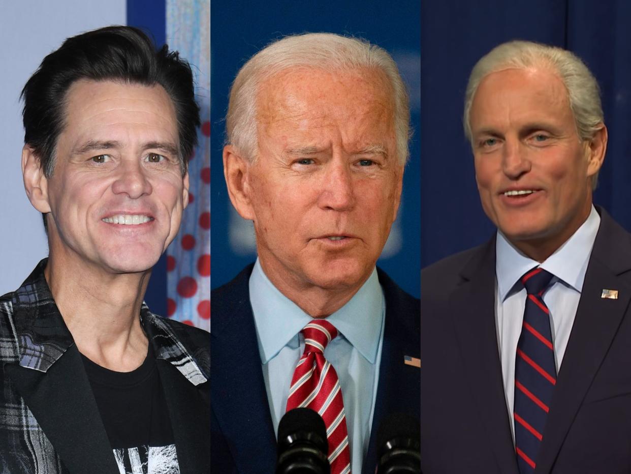 Joe Biden (centre), and his 'SNL' impersonators, past (Woody Harrelson, right) and future (Jim Carrey, left) (Saturday Night Live/Getty)